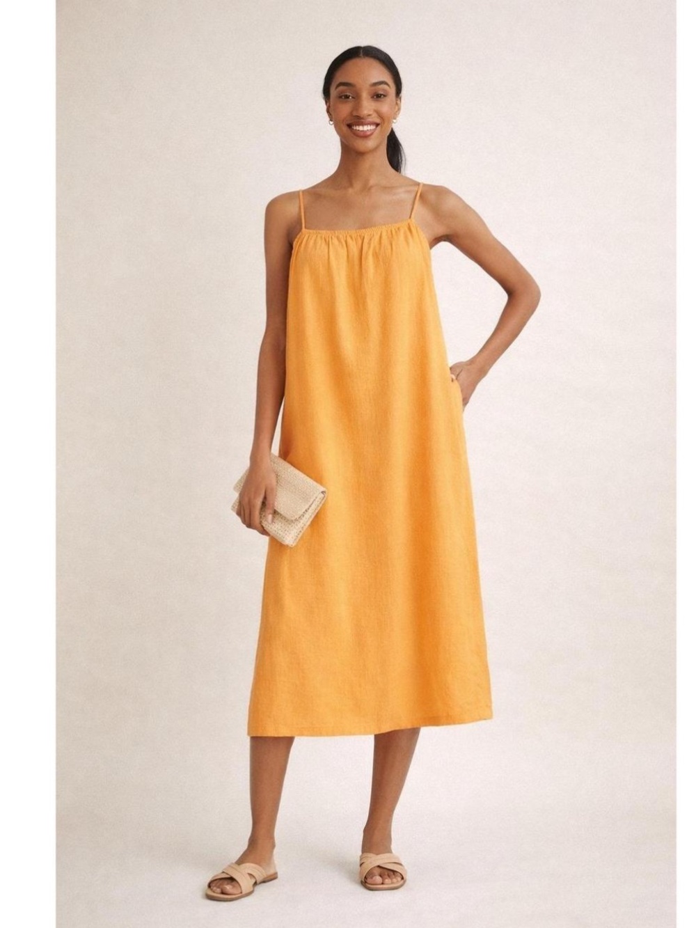 A New Day Orange Linen Blend Midi Tank Shift Dress Women’s Medium